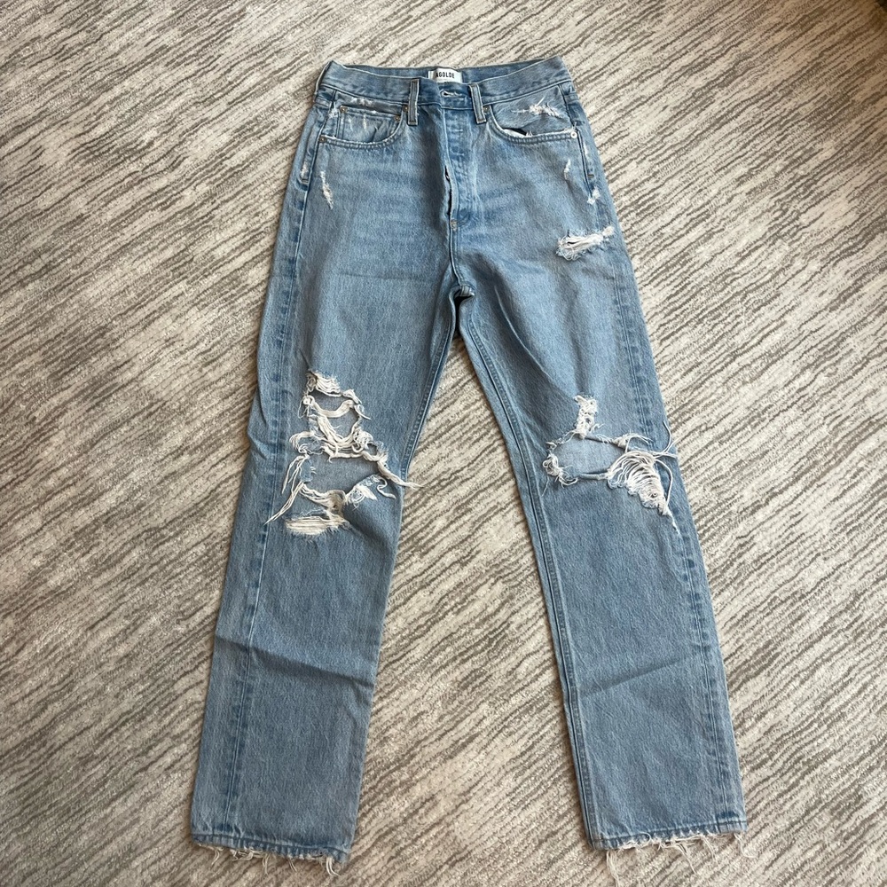 Agolde 90s Mid Rise Loose Fit Blue Distressed Straight Leg Denim